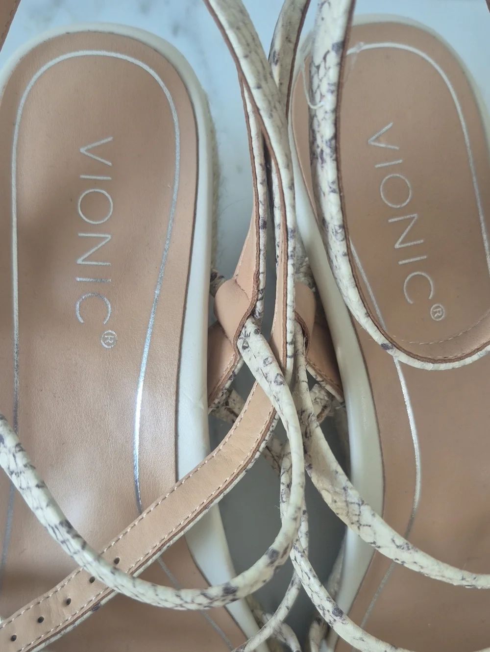 Vionic AYDA Beige Snake-Print Espadrille Wedge Sandals
